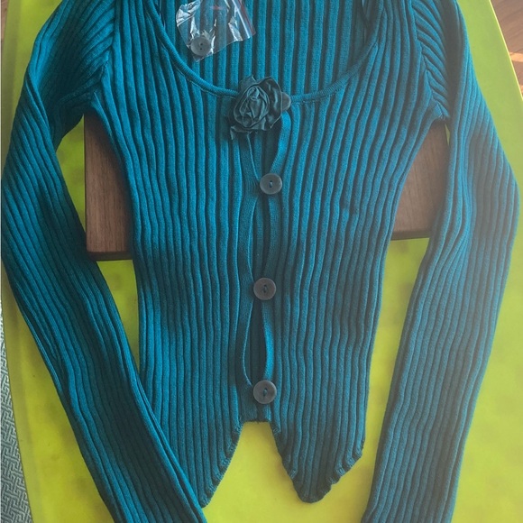 Urban Outfitters - Kimchi Blue - Ribbed Teal Cardigan with Floral Accent NWOT - Picture 2 of 2